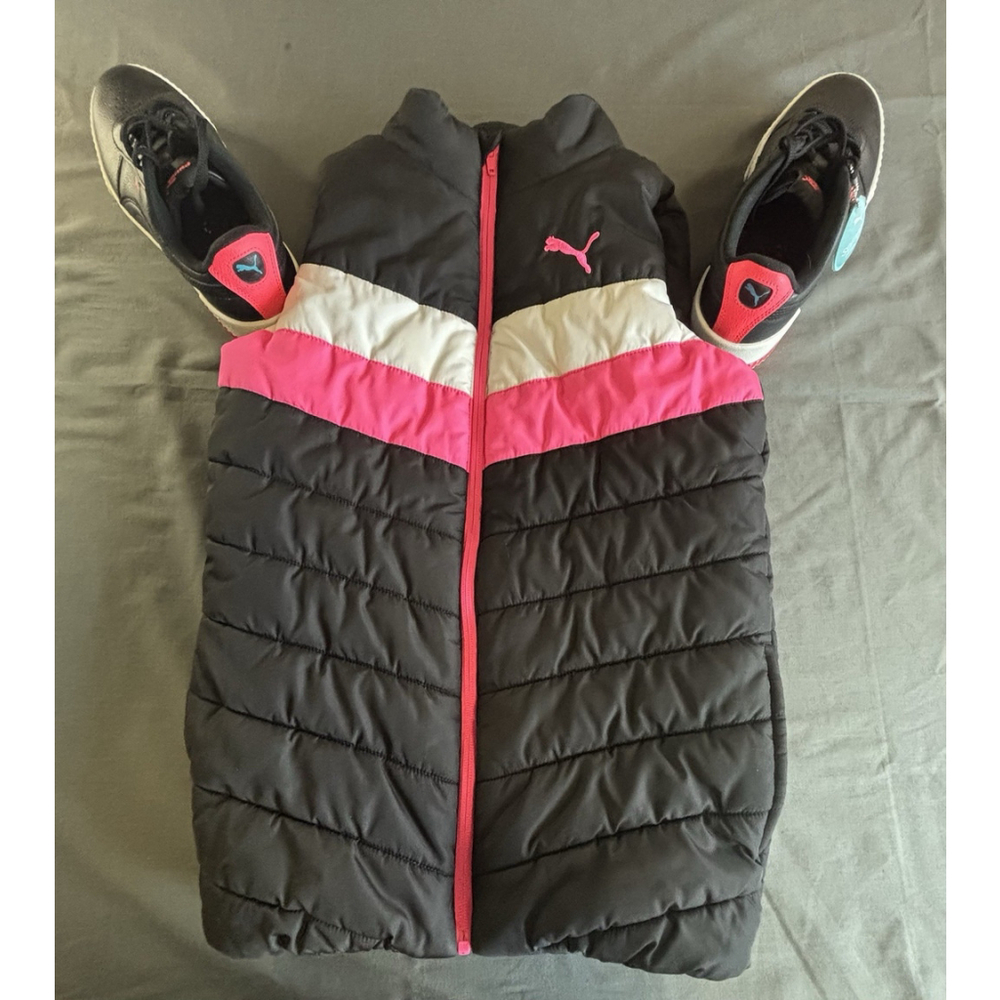 PUMA Womens Size 8 Sneakers + Medium Puffer Vest Black Pink Bundle